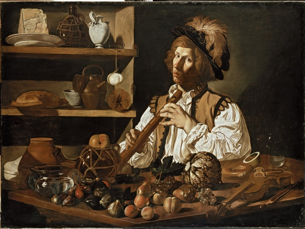 Natürmort İç Mekan ve Kayıt Cihazı Tutan Genç Bir Adam, 17. yüzyıl by Cecco de Caravaggio