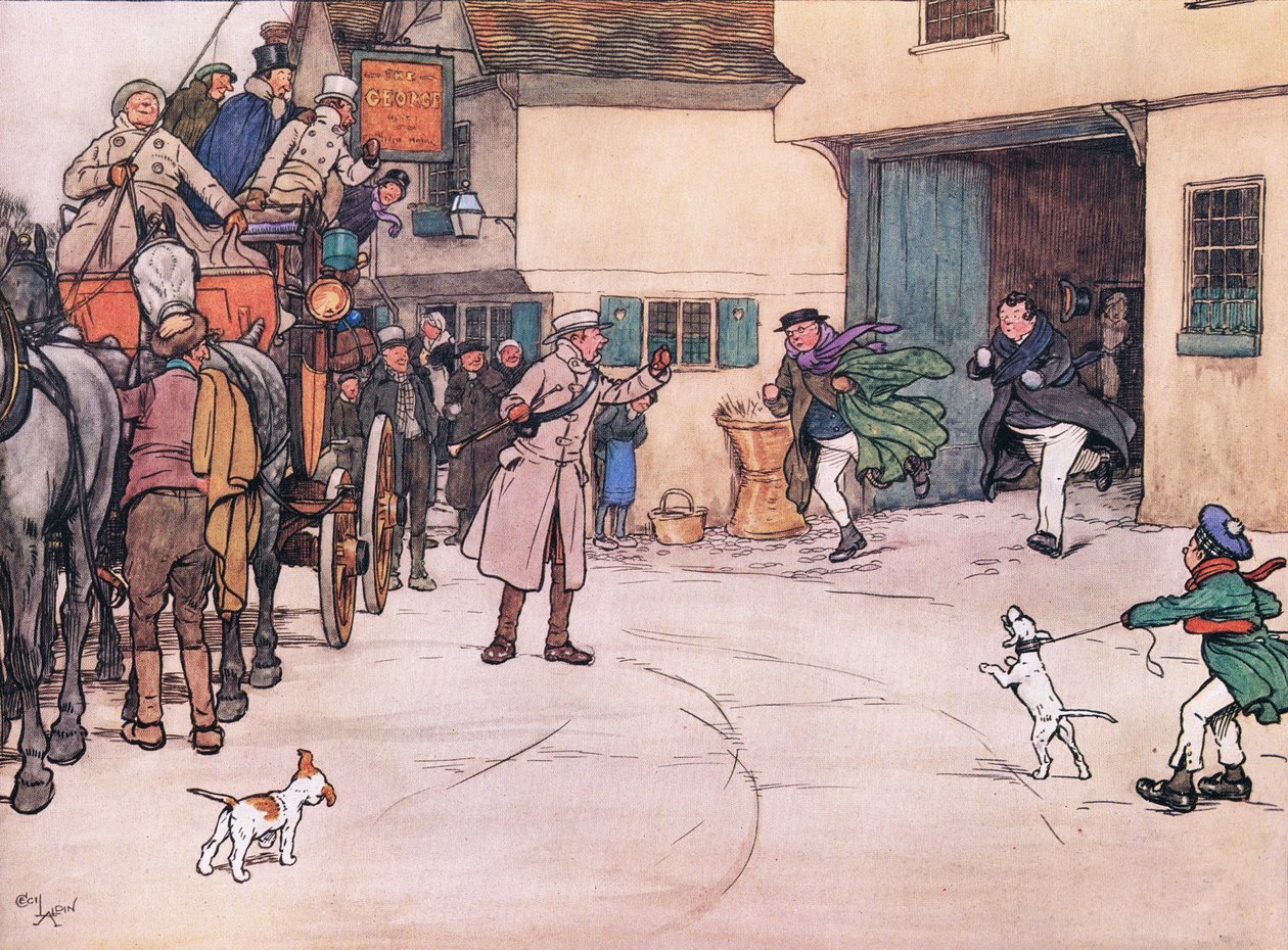 Avludan uzaktan bir cevap duyuldu ve Bay Pickwick ve Bay Turpin koşarak geldiler. by Cecil Charles Windsor Aldin