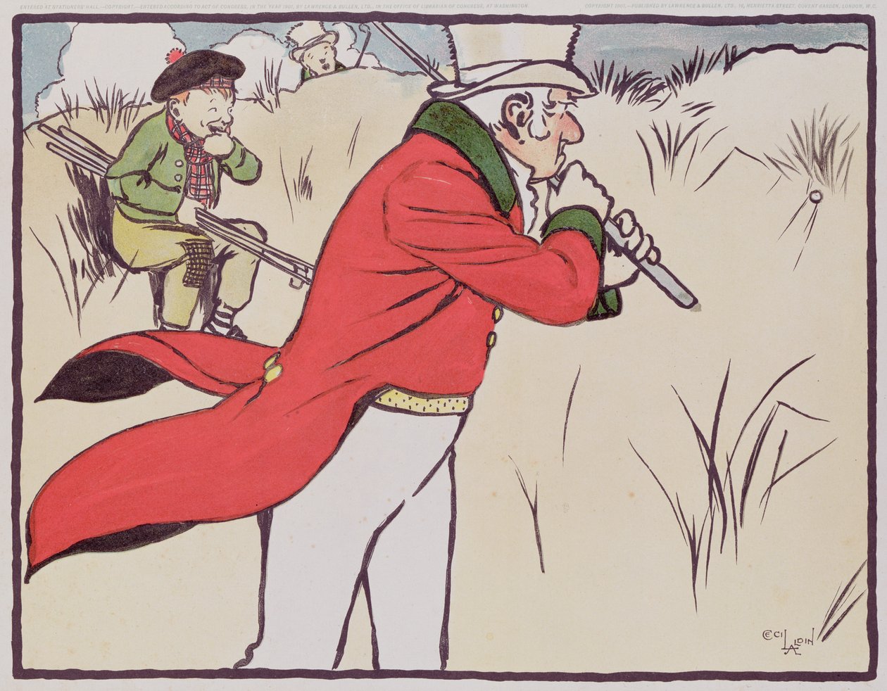 Kızgın golfçü, arabası gülmekten kendini alıkoymaya çalışırken topunu çalılığa sürüyor, 1901 by Cecil Charles Windsor Aldin
