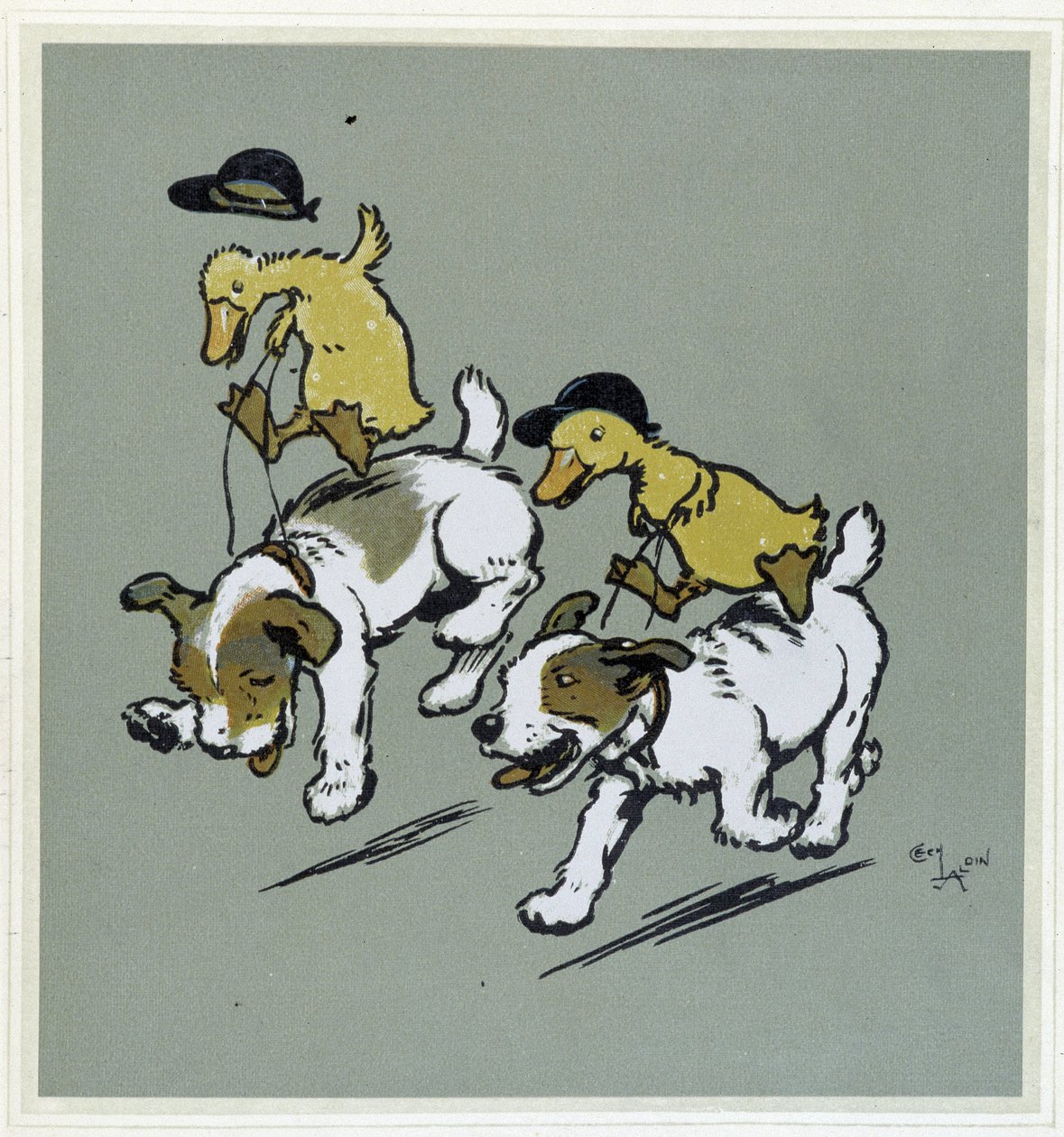 Köpeklerde “” binicilik” yapan ördek - “Mutlu Parti” de, hasta. yazan Cecil Aldin, ed. Hodder & Stoughton, Londra by Cecil Charles Windsor Aldin
