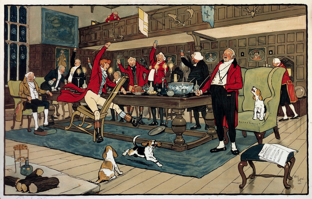Avcı Kahvaltısı. Avdan döndüklerinde avcılar hünerlerini anlatırlar. Gravür Cecil Aldin (1870 -? ), İngiltere. Kol. Gitmek. by Cecil Charles Windsor Aldin