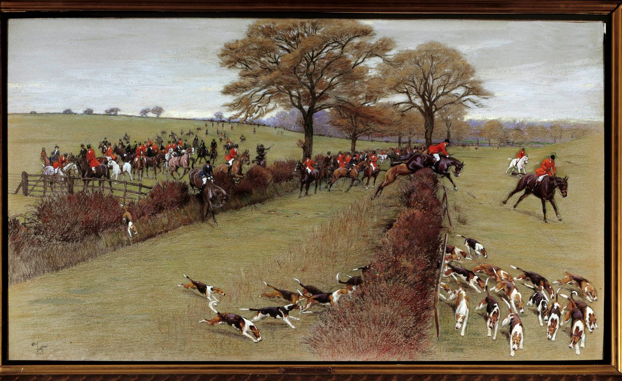 Av sahnesi, ekip Güney Berks Suluboya, Cecil Aldin (1870-1935) 19. yüzyıl Özel Koleksiyon - Av sahnesi, Güney Berks'Hunt. Cecil Aldin (1870-1935) tarafından suluboya by Cecil Charles Windsor Aldin