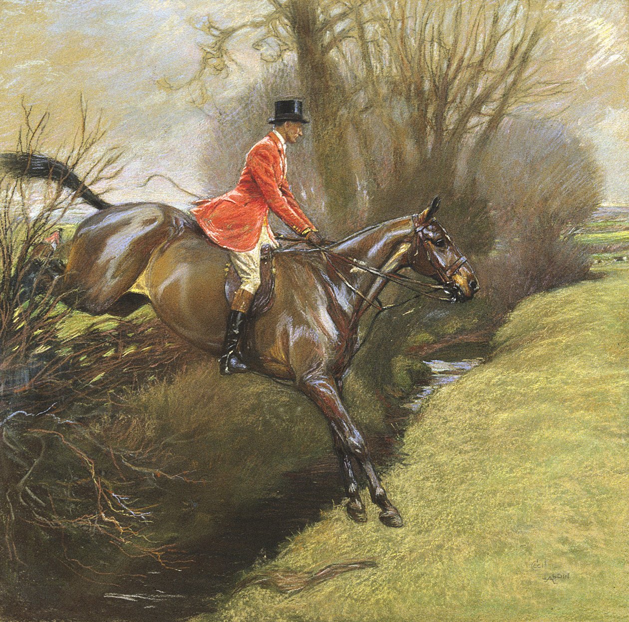 Yarbay Ted Lyon Çitten Atlarken (kağıt üzerinde pastel) by Cecil Charles Windsor Aldin
