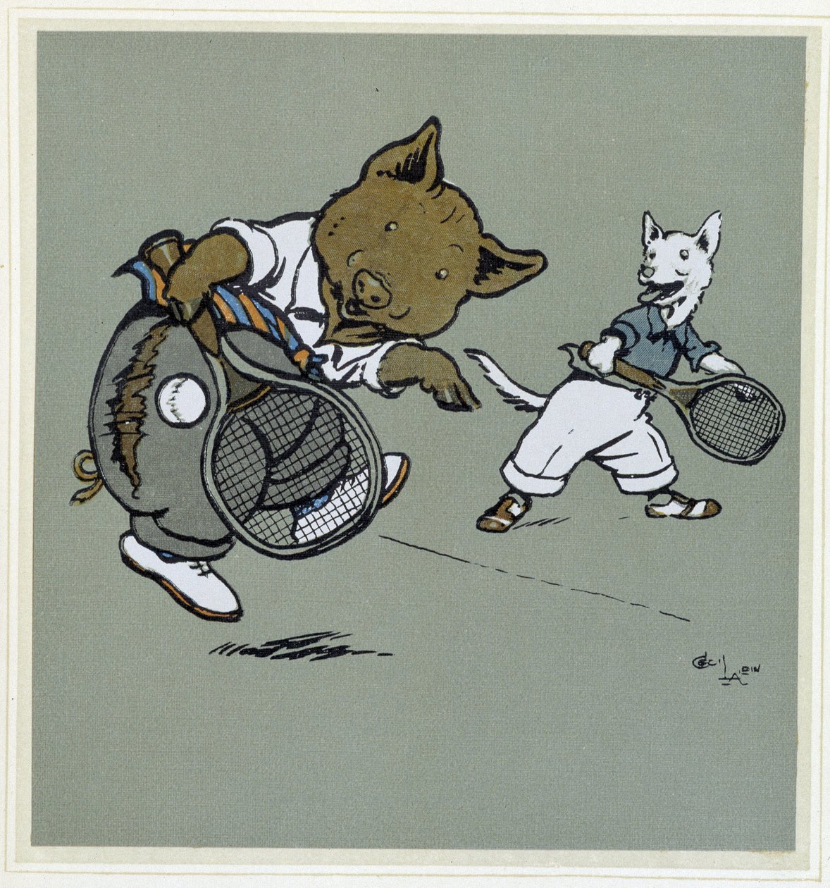 Domuz ve tilki tenis oynuyor - “Mutlu Parti”de, hasta. yazan Cecil Aldin, ed. Hodder & Stoughton, Londra by Cecil Charles Windsor Aldin