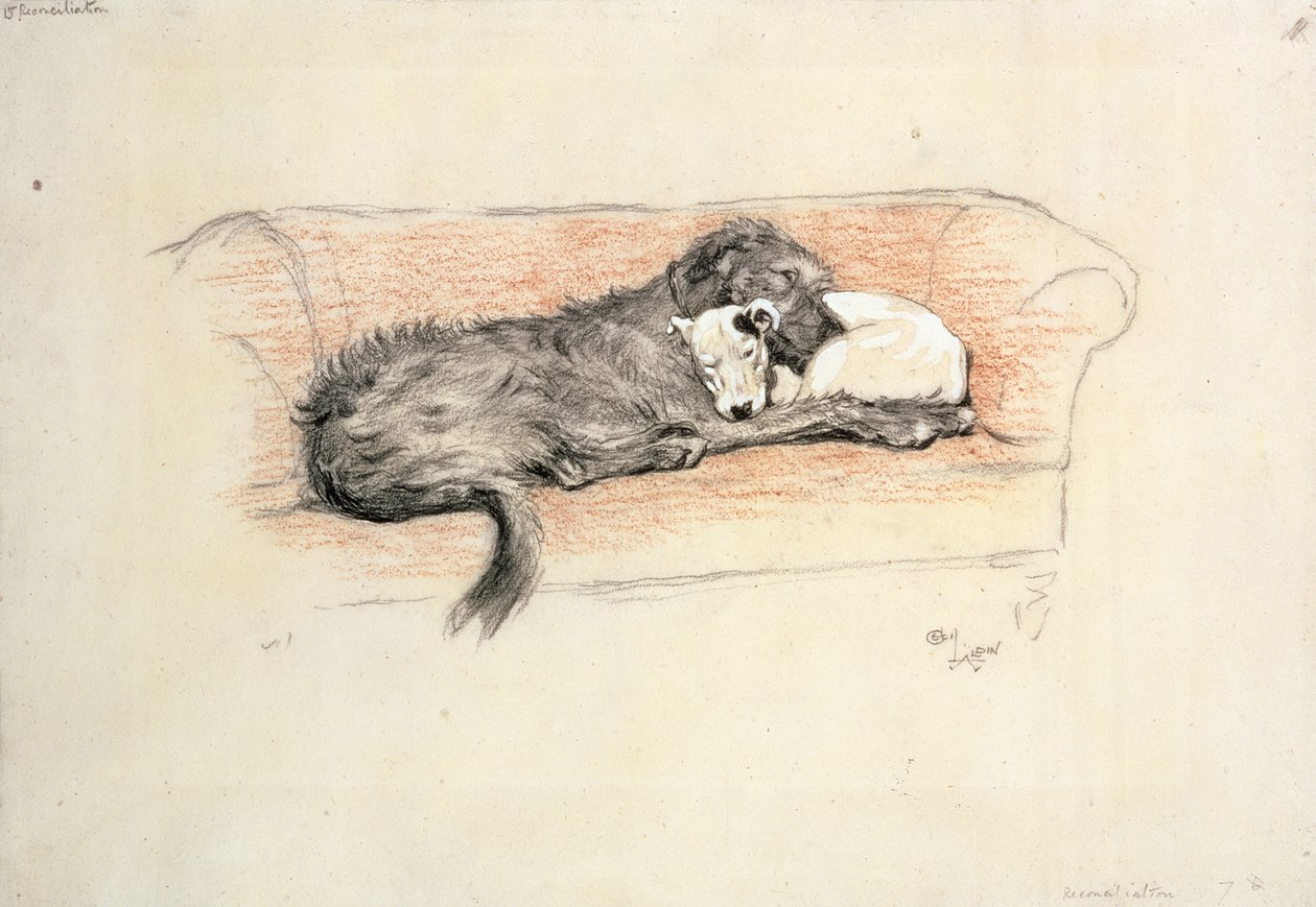 Mutabakat; Wolfhound ve Bull Teriyer Kanepede Uyuyor (kağıt üzerinde pastel) by Cecil Charles Windsor Aldin