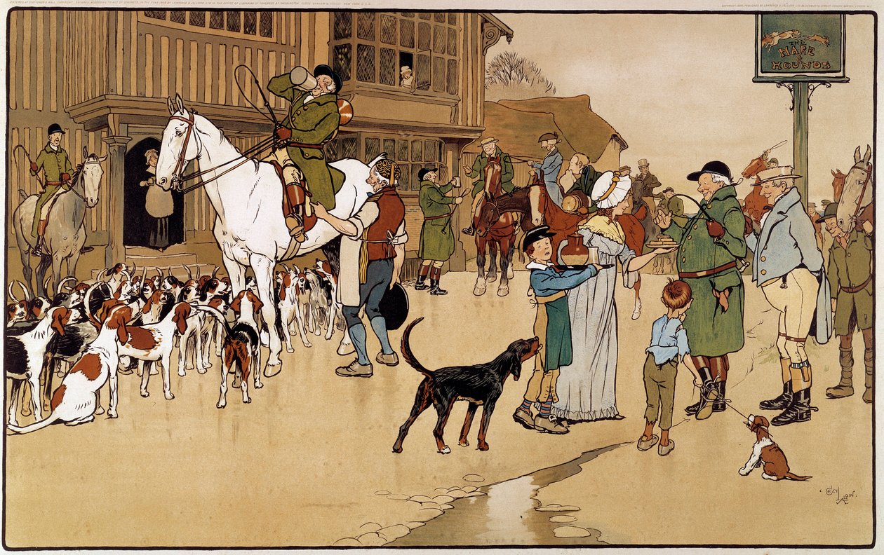 Tavşan avı sırasında handa durun. Cecil Aldin (1870-1935) tarafından suluboya by Cecil Charles Windsor Aldin