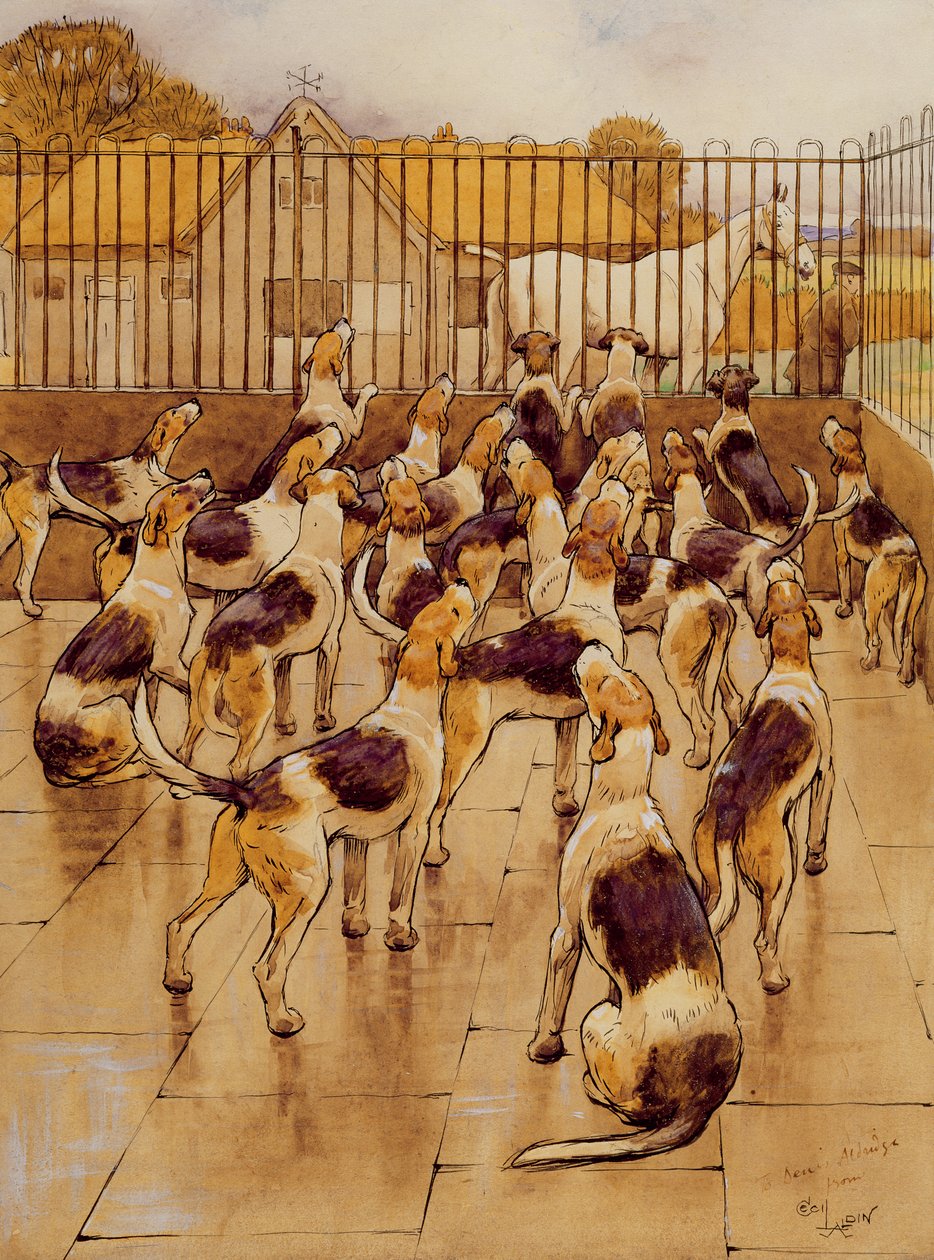 Tazılar aniden koro halinde ulumaya başladılar (grafit, kalem ve mürekkep ve kağıt üzerinde wc) by Cecil Charles Windsor Aldin