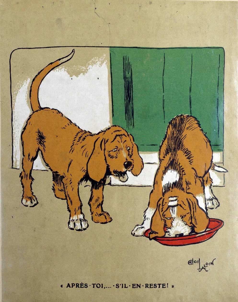 En güçlünün yasası: "Senden sonra, kaldıysa..." Bir köpek diğerinin yemesine ve kaseyi bitirmesine izin verir. Cecil Aldin (1870-1935) 19. yüzyıl çizimi. Paris, Dekoratif Sanatlar by Cecil Charles Windsor Aldin