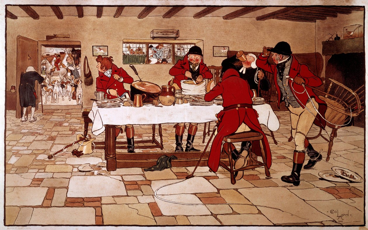 Üç güvercin atıştırmalığı. Avcılar, avlanmak için ayrılmadan önce hızlıca yemek pişirir ve yerler. Gravür Cecil Aldin (1870 -? ), İngiltere. Kol. Anlaştık mı by Cecil Charles Windsor Aldin