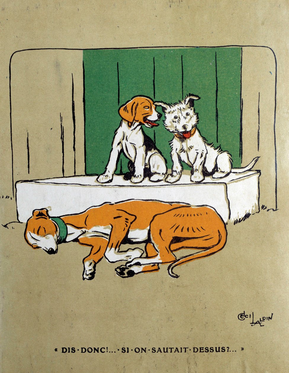 Neden uyuyan bir mayayı uyandırmaktan çekinen iki köpeğe atlamıyoruz? Suluboya Cecil Aldin (1870-1935) 19. yüzyıl Paris, Dekoratif Sanatlar by Cecil Charles Windsor Aldin