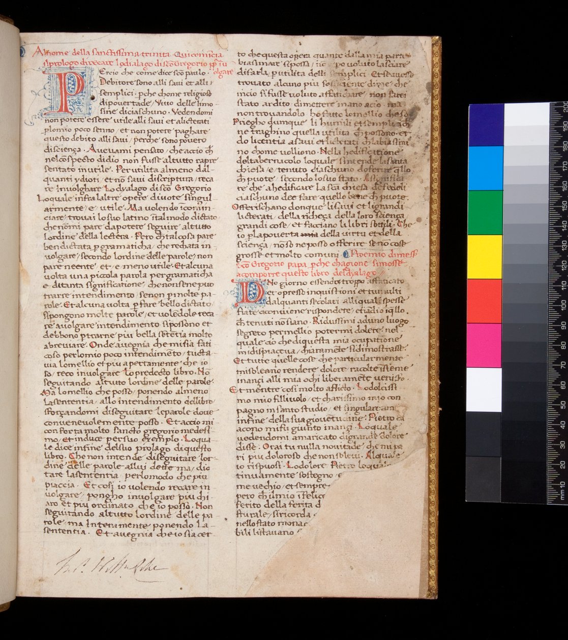 Bayan 148. Büyük Gregory, Dialogi, İtalyanca tercüme. Domenico Cavalca, f.1r Süslü harfler [P] ve [D] kırmızı, mavi kalem işi süslemeli by Central Italian School