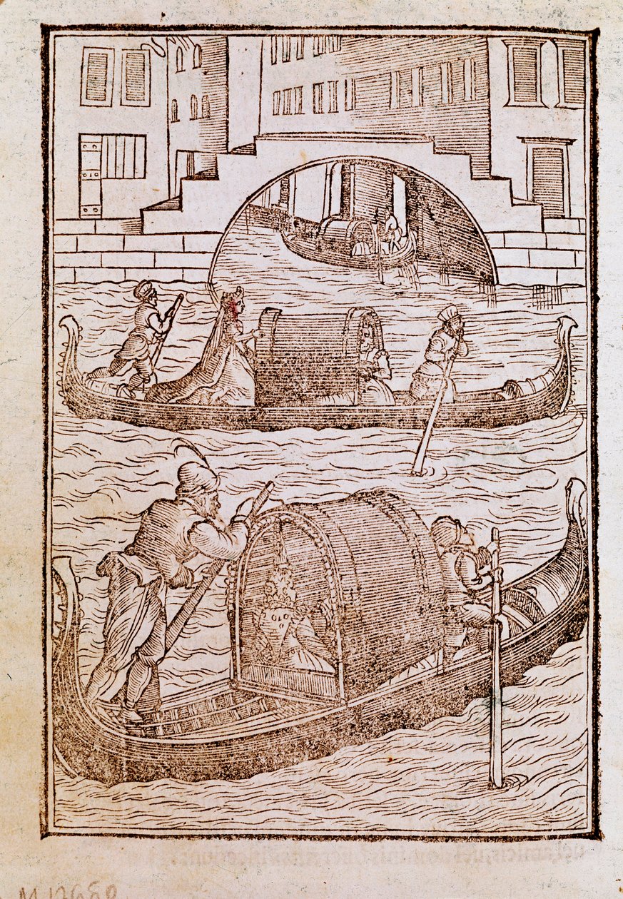 15. yüzyılda Venedik lagünündeki gondollar Cesare Vecellio (1521-1601) tarafından "" Antik ve modern giysilerden "" gravürü 1590 Venedik Biblioteca Marciana by Cesare (after) Vecellio