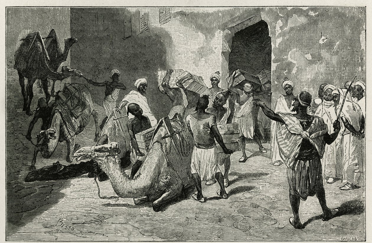 Öykünün yazarı Atanger'in kervanından develerin yüklenmesi, 1875'te Edmondo de Amicis'in Le Maroc öyküsünü göstermek için Biseo'nun gravürü, Tour du monde'da Edouard Charton yönetiminde yayınlandı. by Cesare Biseo