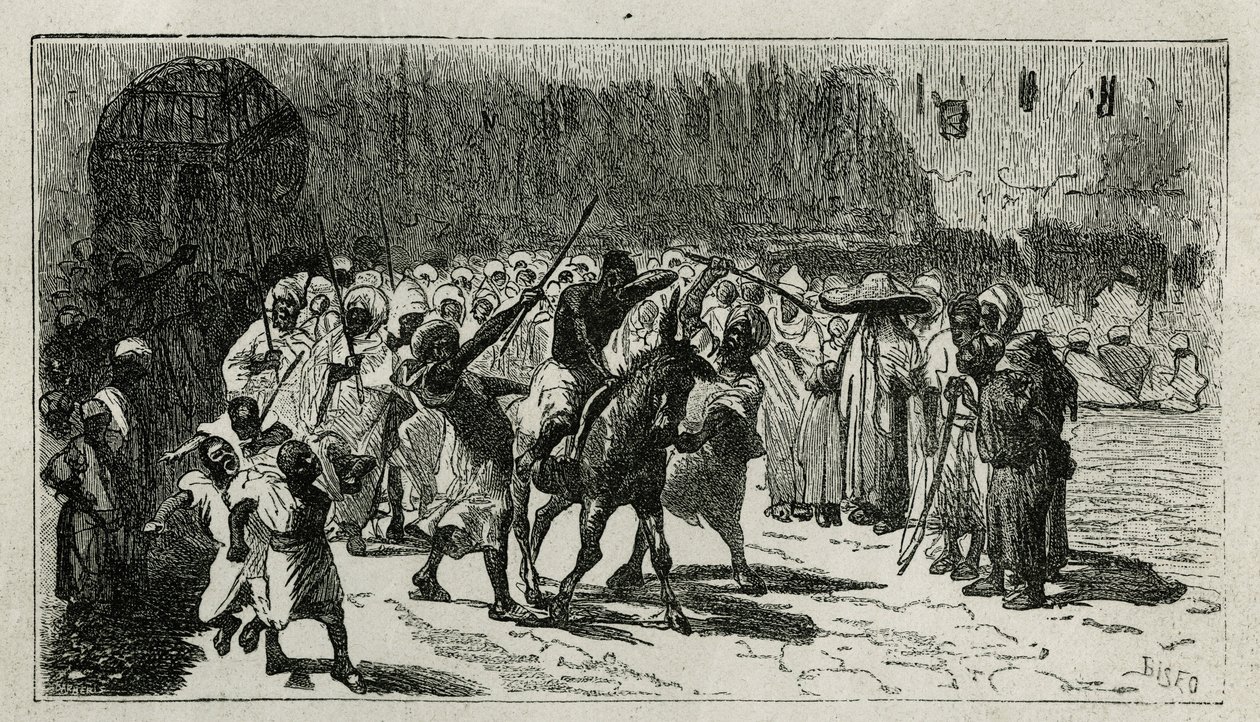 bir hırsızın cizyesi, bir katıra tırmanır, kalabalığın tonları altında copları alır, C.Biseo tarafından, Edmondo de Amicis'in 1875'te Tour du monde'da yayınlanan Le Maroc hikayesini göstermek için gravür. Edouard Charton'ın yönü by Cesare Biseo