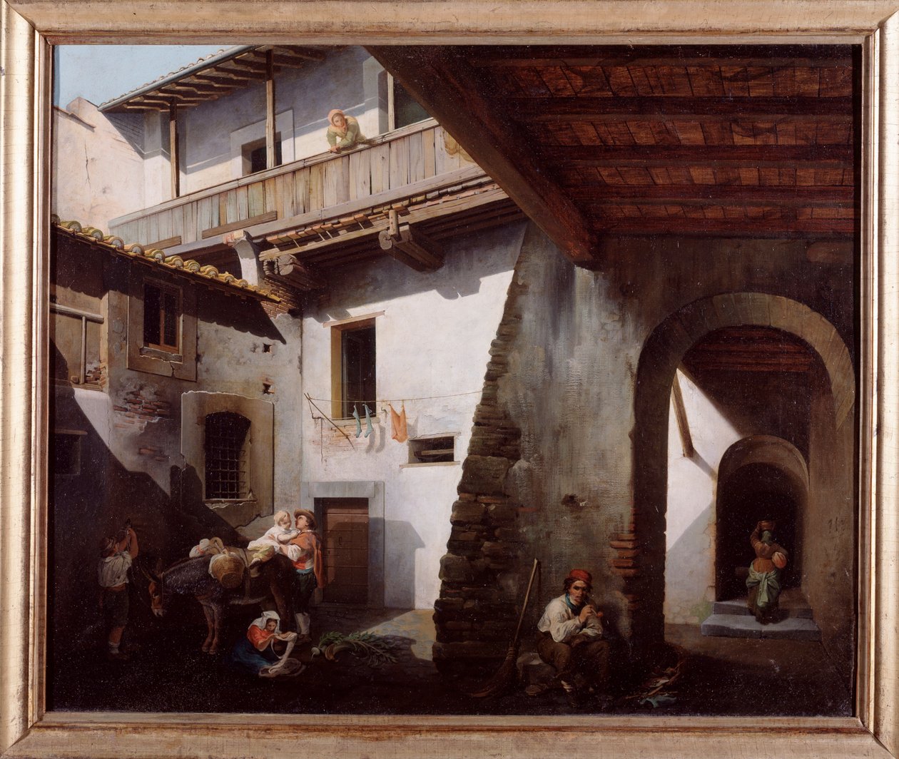 Bir hanın avlusundaki köylüler (han avlusunda İtalyan köylüler) Resim Cesare Coghetti (1859 ve 1881 yılları arasında aktif) 1863 Dim 70x85 cm Genes, Galleria d