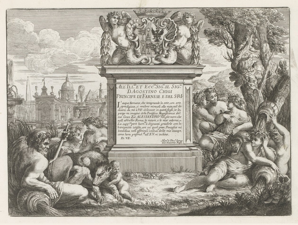 Agostino Chigi'ye adanmışlık ve arması ve Roma Fontane di Roma manzarası (dizi başlığı) Roma Çeşmeleri (dizi başlığı) by Cesare Fantetti