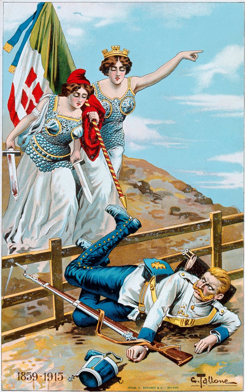 Birinci Dünya Savaşı: Almanya'yı sınırın ötesinde kovalayan İtalya ve Fransa'nın bir alegorisini betimleyen poster. Çizim Cesare Tallone (1853-1919) Özel koleksiyon by Cesare Tallone