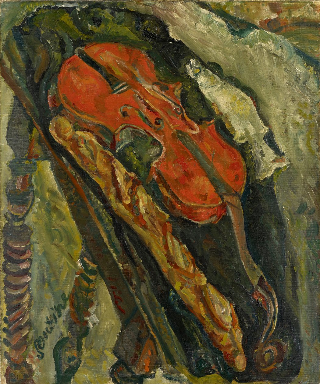 Nature morte au violon, Pain et poisson Keman, ekmek ve balık ile natürmort, c. 1922. by Chaim Soutine