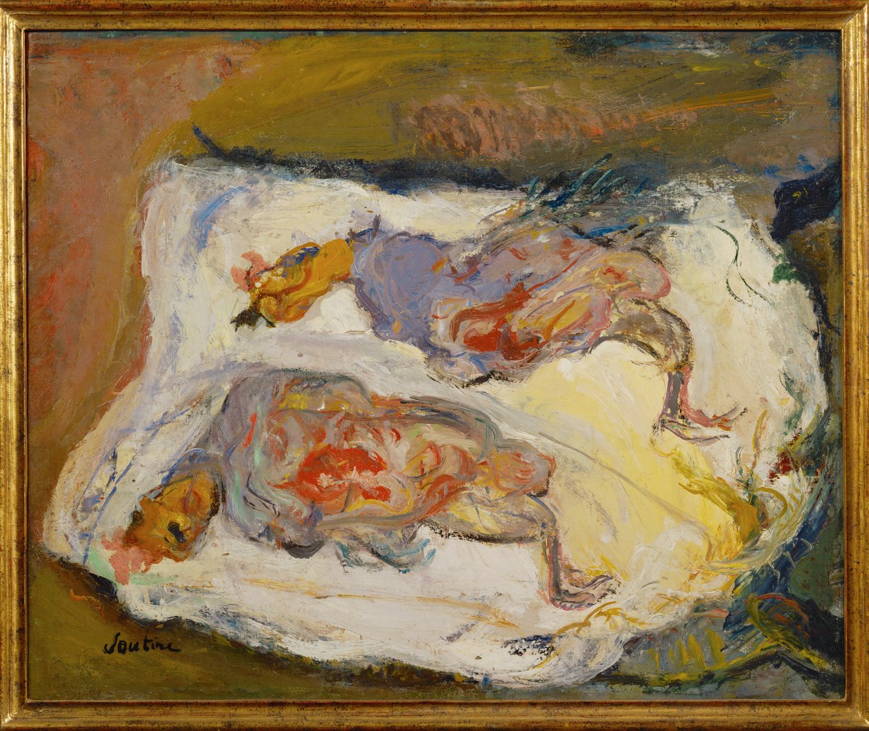 Beyaz bir bez üzerinde iki tavuk, c.1924-25 (tuval üzerine resim) by Chaim Soutine