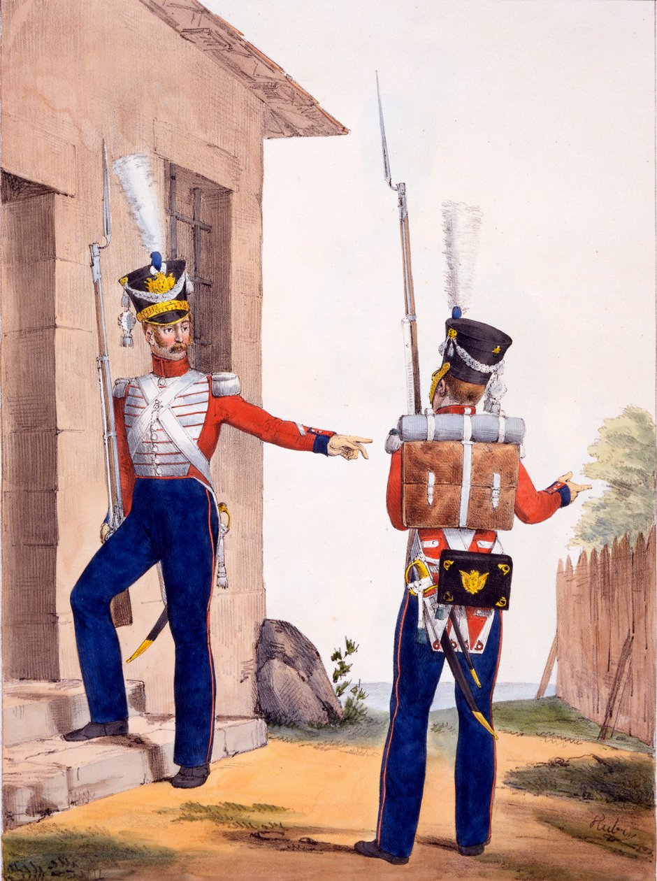 1823'te yayınlanan 'Collection des Uniforms de l'Armee Francaise'den İsviçre Kraliyet Muhafızlarının 8. Piyade Alayı'nın üniforması (el boyaması lito) by Charles Aubry