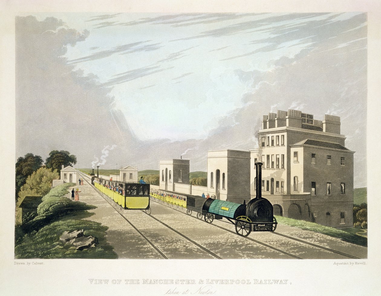 Havell (aquatint) tarafından oyulmuş, Newton, 1825'te alınan Manchester ve Liverpool Demiryolu'nun görünümü by Charles Calvert