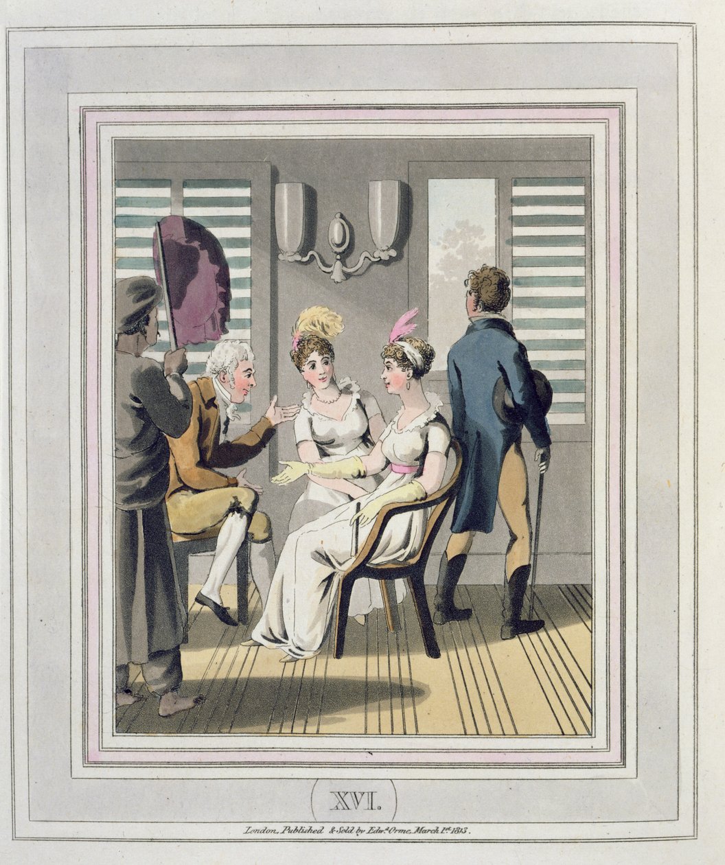 Bir hizmetçinin eşlik ettiği, bir el Punkah veya yelpaze kullanarak, 'Hindistan'daki Avrupalı'dan 16 numaralı plaka, 1813'te yayınlandı (el boyaması aquatint) by Charles d Oyly