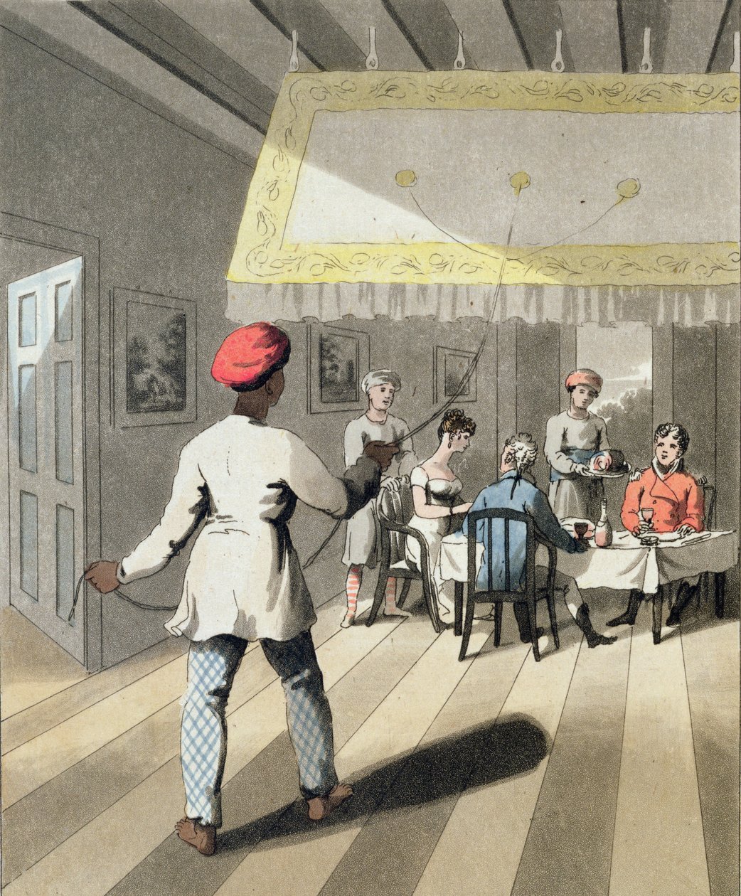 Akşam Yemeğini Getiren Bir Beyefendinin Kedmutgarları veya Sofra Hizmetkarları, 'Hindistan'daki Avrupalı'dan 8. plaka, 1813'te yayınlandı (el boyaması aquatint) by Charles d Oyly