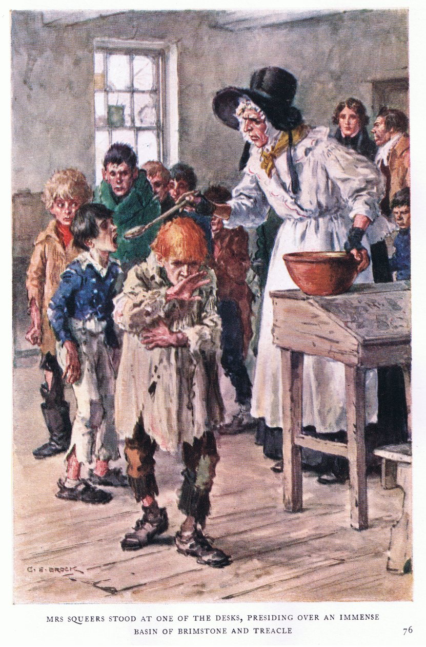 Bayan Squeers masaların bir ucunda, kükürt ve pekmezden oluşan devasa bir leğene başkanlık ediyordu. by Charles Edmund Brock
