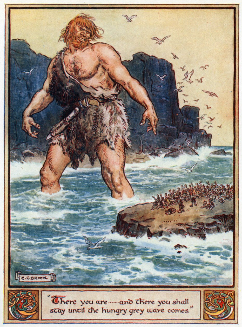 A und E Keary tarafından yazılan 'Asgard Kahramanları, İskandinav Mitolojisinden Masallar'dan bir örnek, 'İşte buradasınız... ve aç gri dalga gelene kadar orada kalacaksınız', 1930 by Charles Edmund Brock