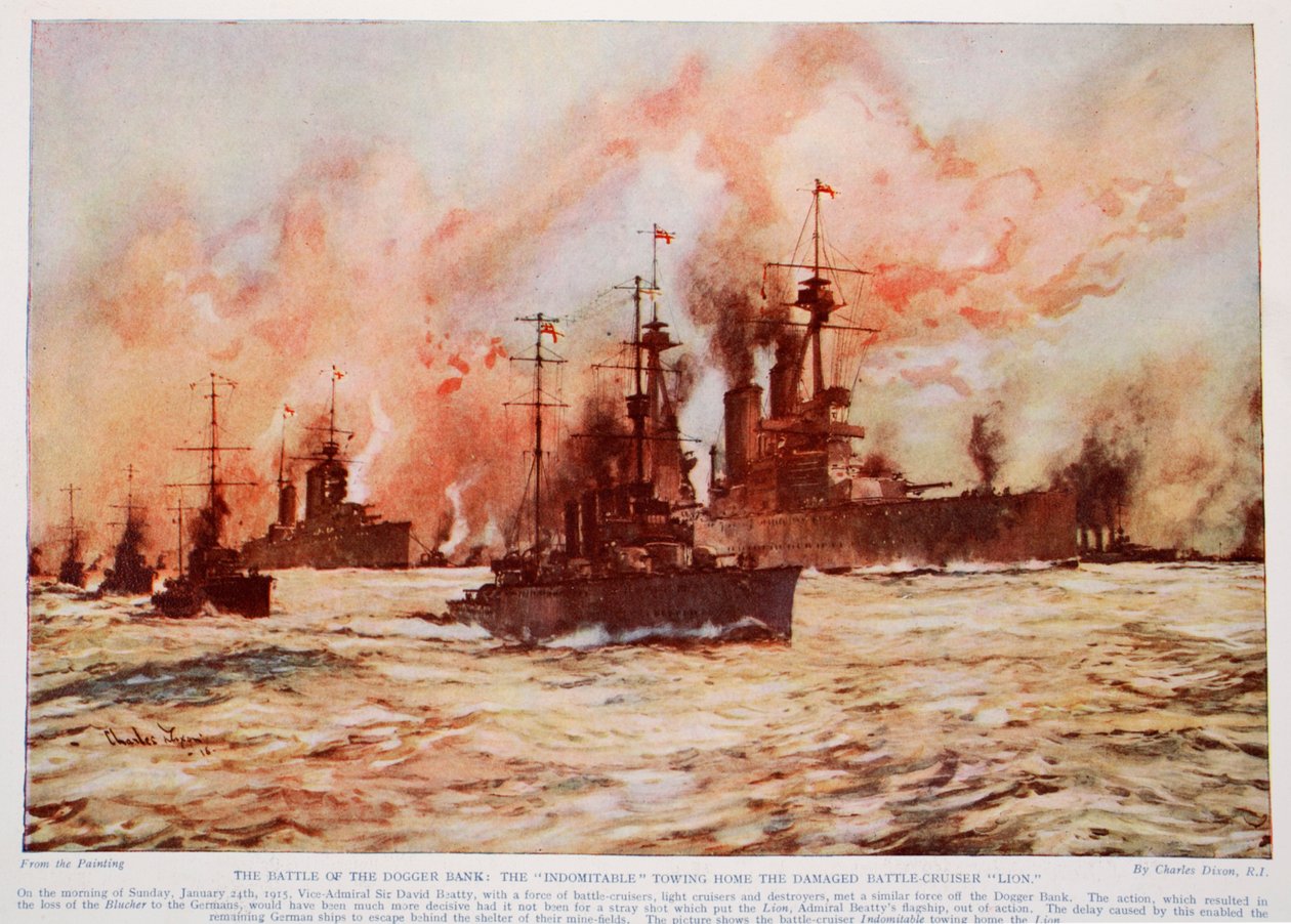Dogger Bank Savaşı: 'Indomitable', hasarlı savaş kruvazörü 'Lion'u eve çekerken, 24 Ocak 1915, 'Hutchinson's Story of the British Nation'dan bir çizim, c.1920 by Charles Edward Dixon