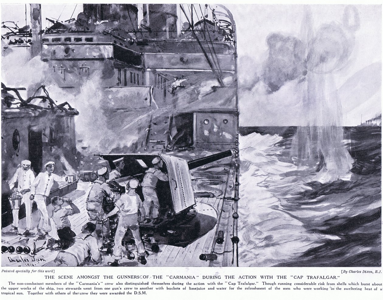 Cap Trafalgar ile yapılan eylem sırasında Carmania topçuları arasındaki sahne by Charles Edward Dixon