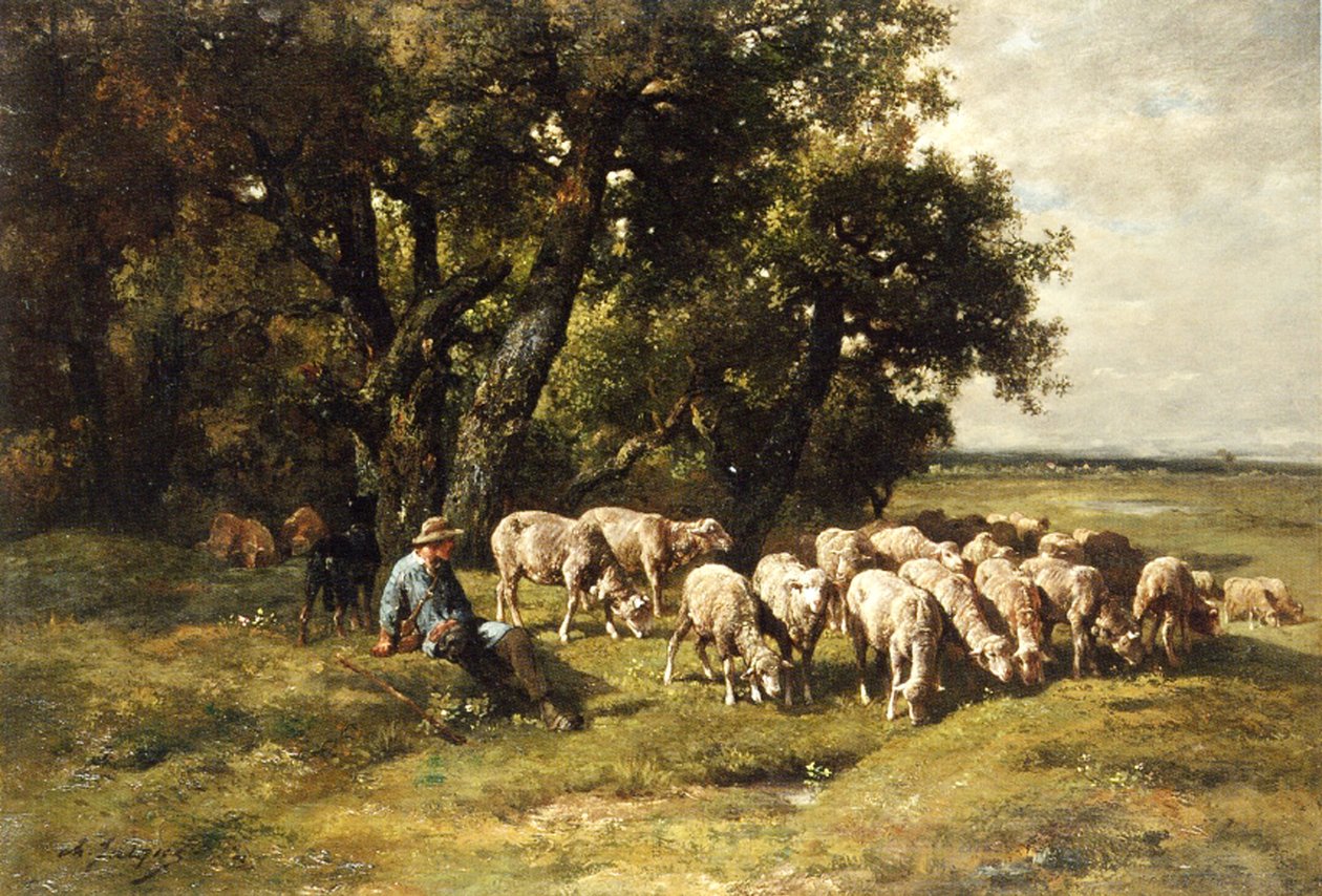 Tuval üzerine bir çoban ve sürüsü yağlı boya by Charles Emile Jacques