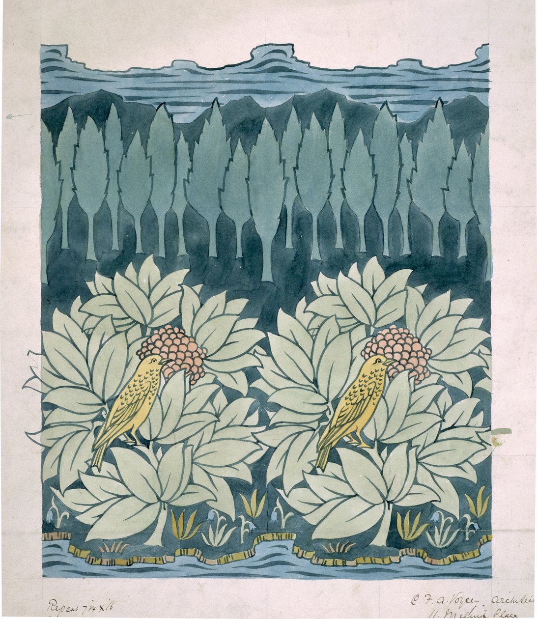 Köknar ağaçları olan kuşlar by Charles Francis Annesley Voysey