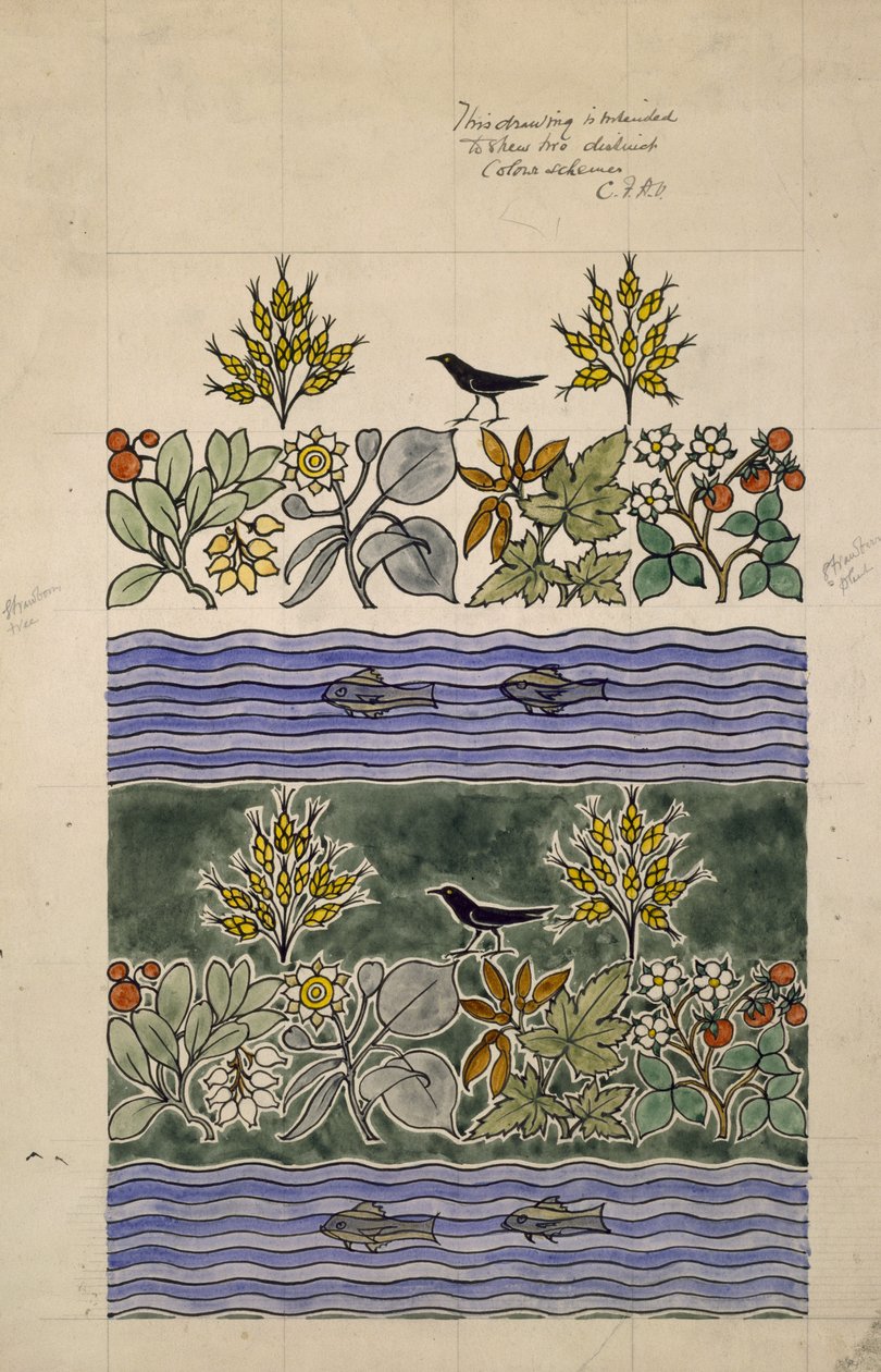İki farklı renk şeması (kağıt üzerinde wc ve kalem) göstermeye yönelik tasarım by Charles Francis Annesley Voysey