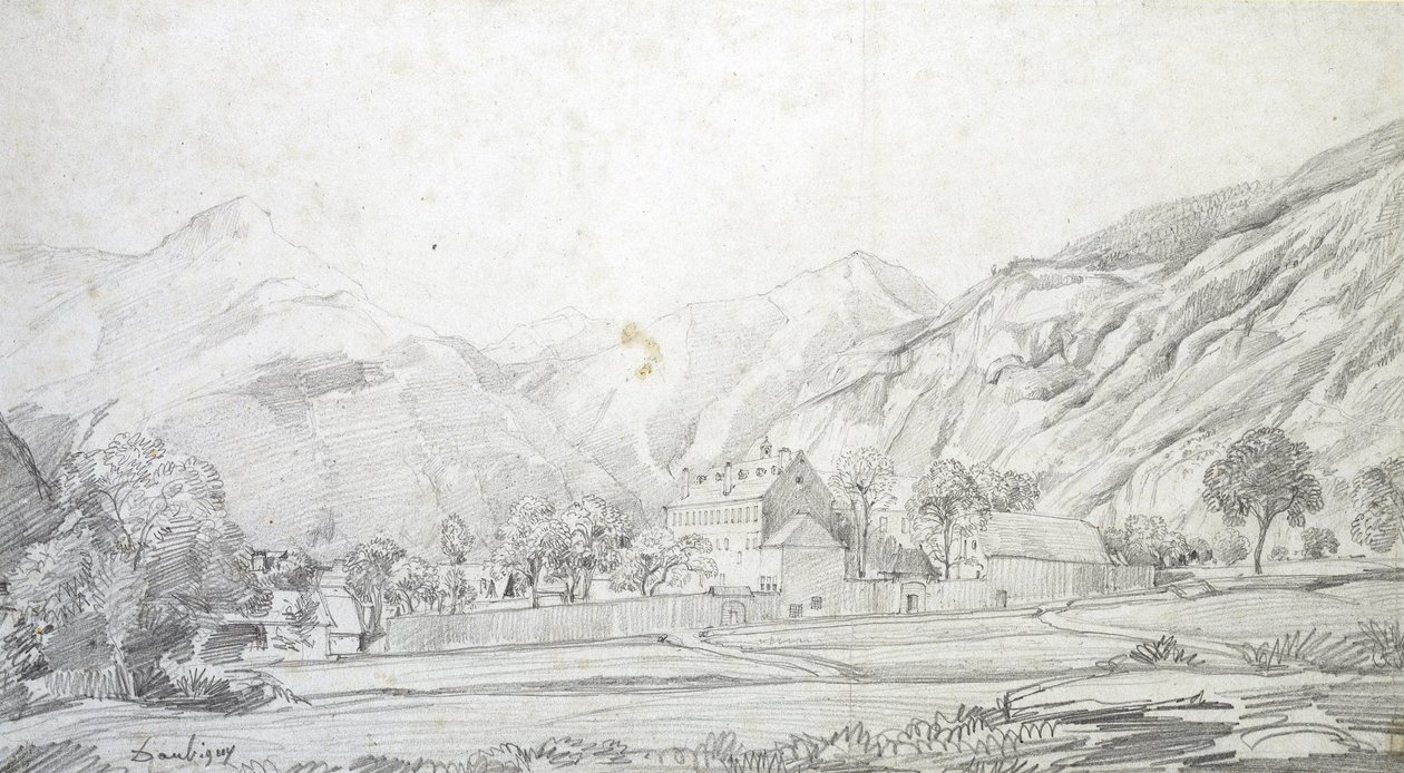 Arka Planda Dağlar Olan Duvarlı Bir Muhafazadaki Binaların Görünümü (beyaz dokuma kağıt üzerinde grafit) by Charles Francois Daubigny