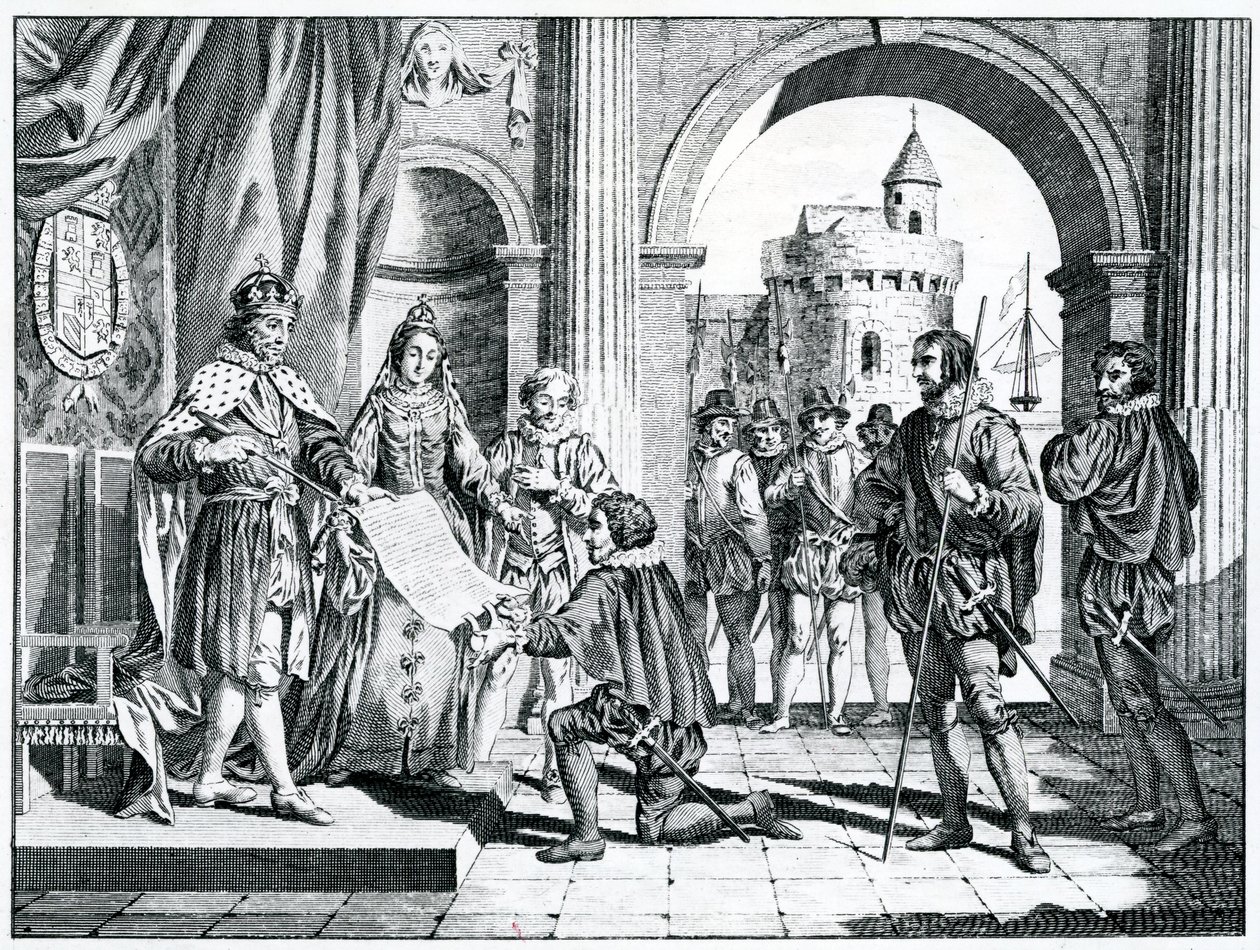 Christopher Columbus (1451-1506) presenting an account of his discovery of America to the King and Queen of Spain  by Charles Grignion
