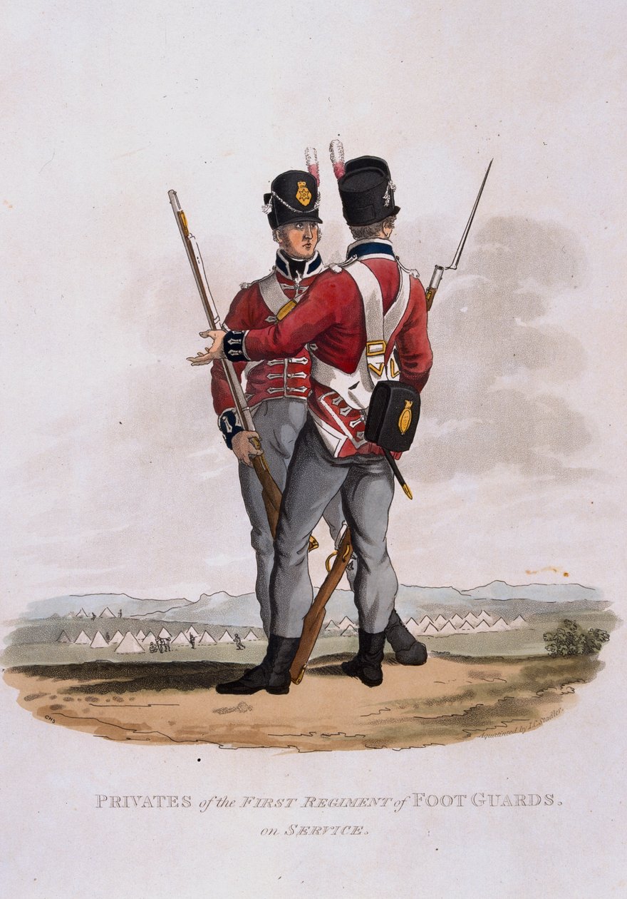 JC Stadler tarafından kazınmış, Colnaghi und C tarafından yayınlanan 'Britanya İmparatorluğu Ordusunun Kostümleri, 1812'deki son düzenlemelere göre' Hizmetteki Birinci Piyade Alayı'nın Erleri by Charles Hamilton Smith