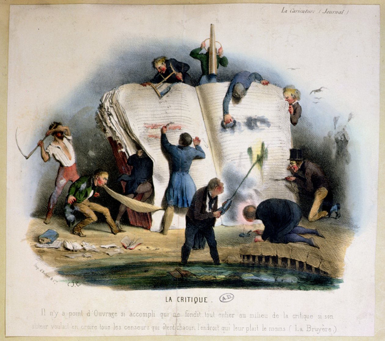 Edebi Eleştiri, edebiyat eleştirmenlerinin kitaplardan canlarını sıkan pasajları çıkardıkları karikatür, c.1830 by Charles Joseph Travies de Villiers