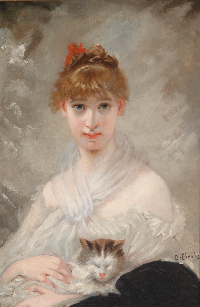 Beyaz bir eşarp ve kollarında bir kedi olan kız by Charles Joshua Chaplin