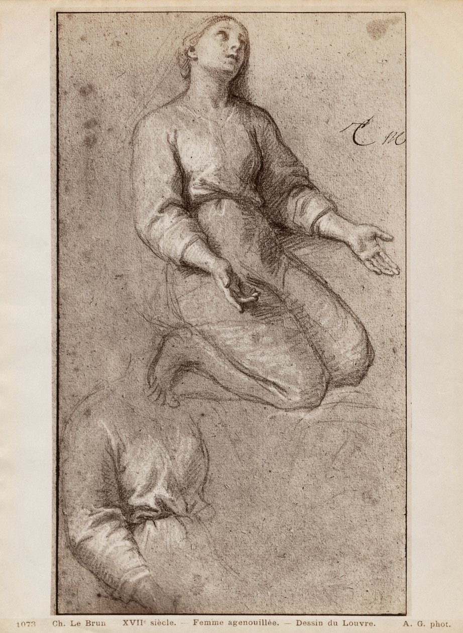 Diz çökmüş kadın, c.1685 (bej kağıt üzerinde pierre noire ve beyaz tebeşir vurgular) by Charles Le Brun