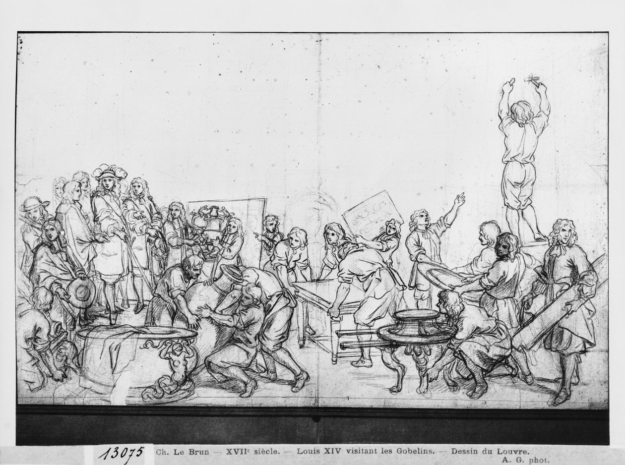 Louis XIV, Gobelins fabrikasını ziyaret ediyor (kağıt üzerinde pierre noire) by Charles Le Brun