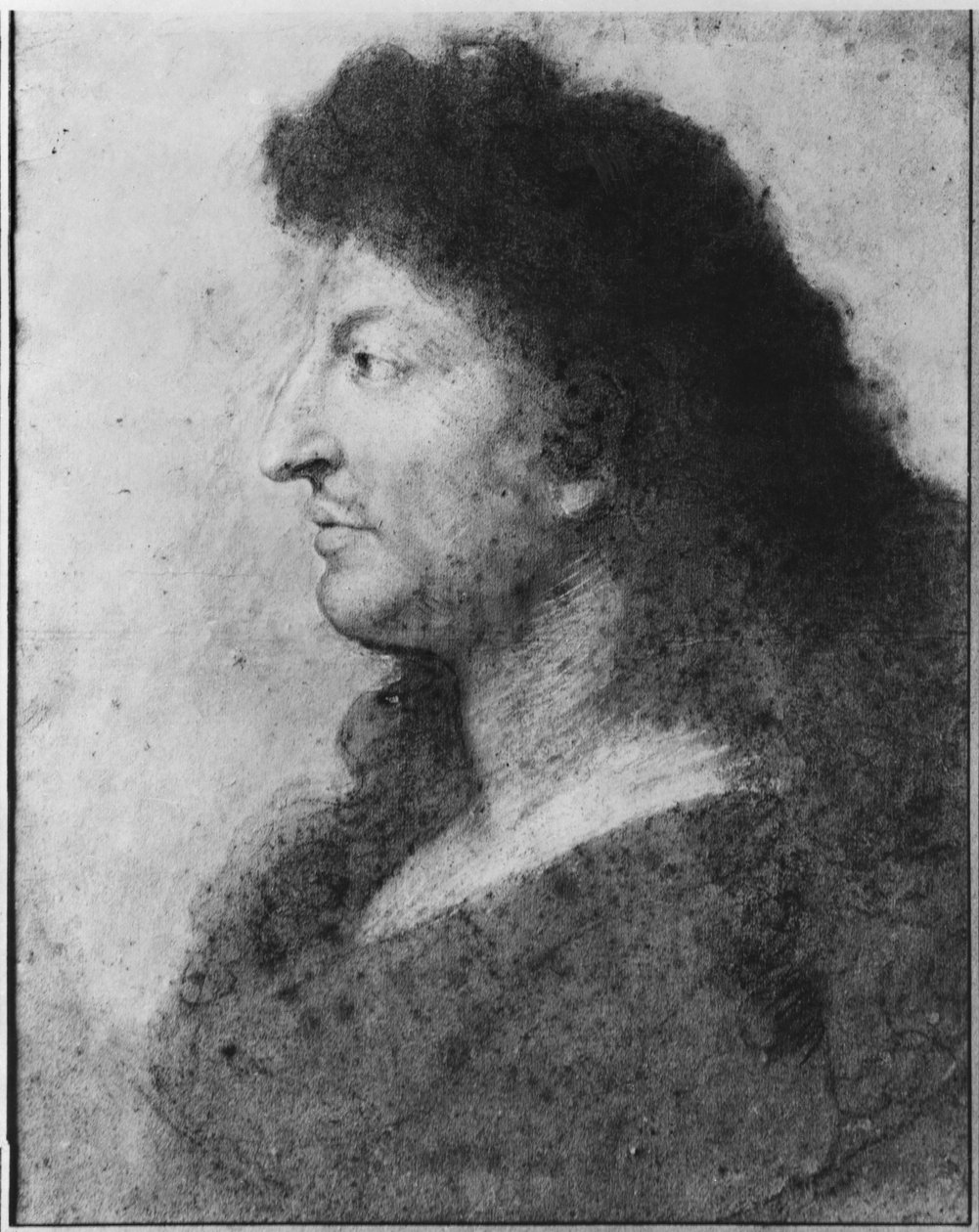 Çıplak boyunlu ve uzun saçlı, profilden Louis XIV portresi, c.1678 (gri bej kağıt üzerinde pastel ve pierre noire) (ayrıca bkz. 177108) by Charles Le Brun