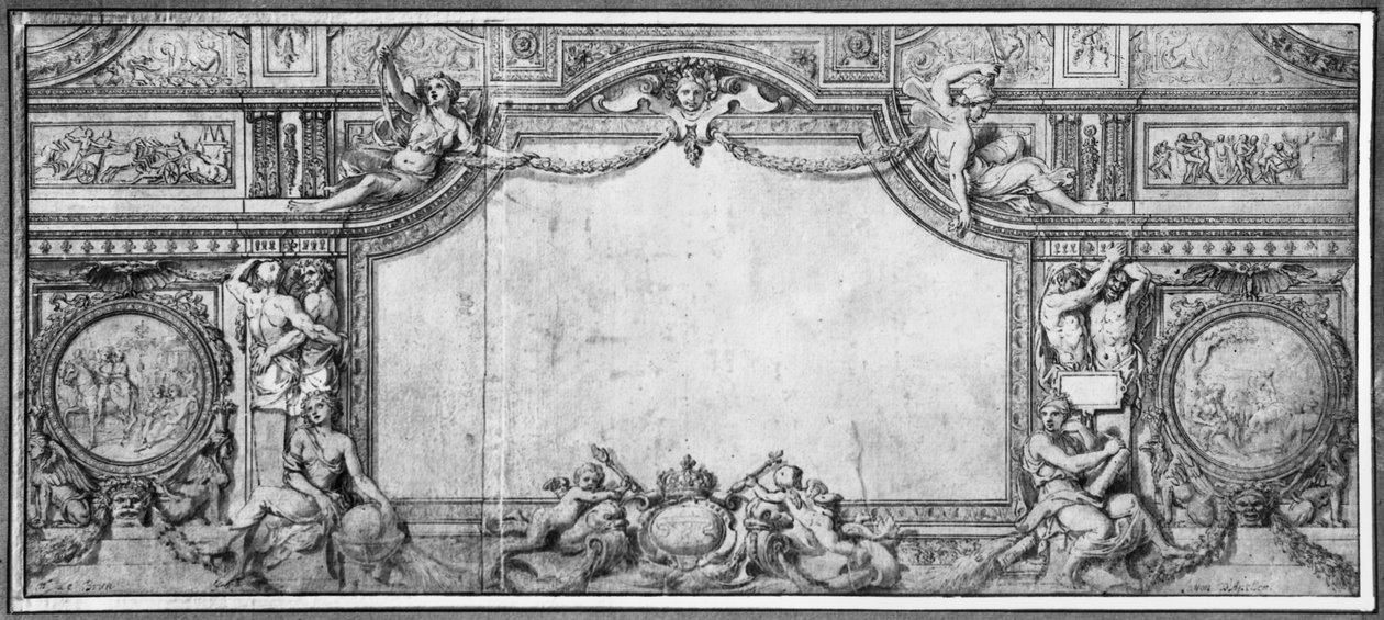 Dekore edilmiş tavan projesi, c.1663 (kahverengi kağıt üzerine kalem ve siyah mürekkep ve gri yıkama) by Charles Le Brun