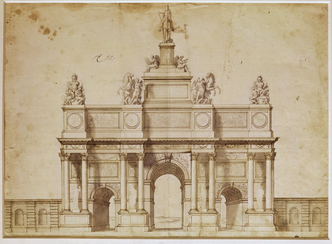 Arc de Triomphe için teklif, rue Saint-Antoine, Paris, c.1668 (kağıt üzerine kalem ve kahverengi mürekkep) by Charles Le Brun