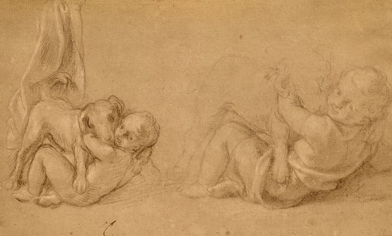 Köpekli Bir Çocuğun Çalışması (kağıt üzerinde kalem ve pastel boya) by Charles Le Brun