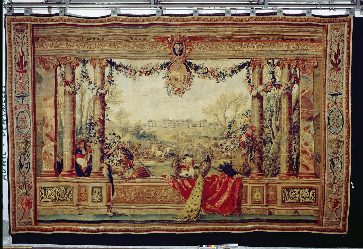 Nisan Ayı Versailles Şatosu, Gobelins Atölyesinde Louis XIV (goblen) için üretilen 'Aylar veya Kraliyet Konutları' duvar halılarından by Charles Le Brun