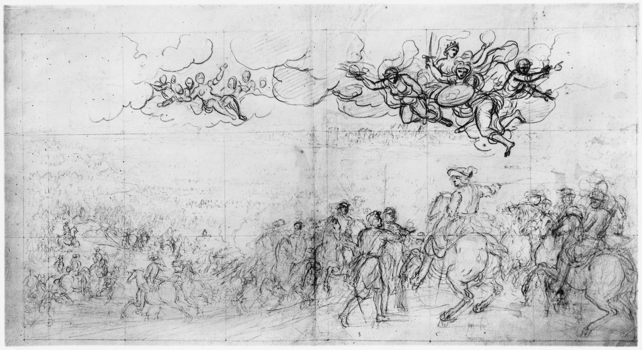 Ren Nehri Üzerindeki Pasaj (kağıt üzerinde pierre noire ve kırmızı tebeşir) by Charles Le Brun