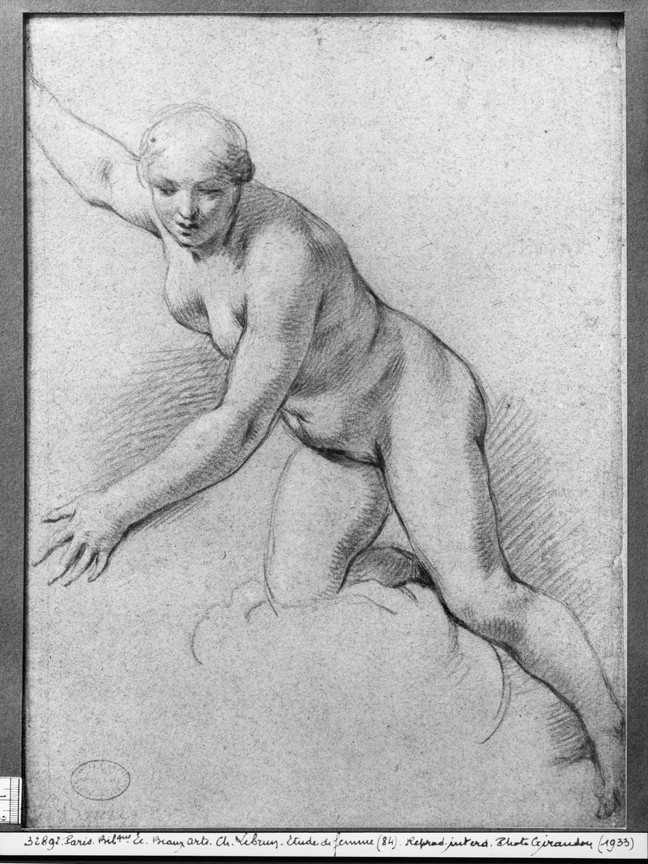 Bir bulutun üzerinde diz çökmüş kadın (gri kağıt üzerinde Pierre noire) by Charles Le Brun