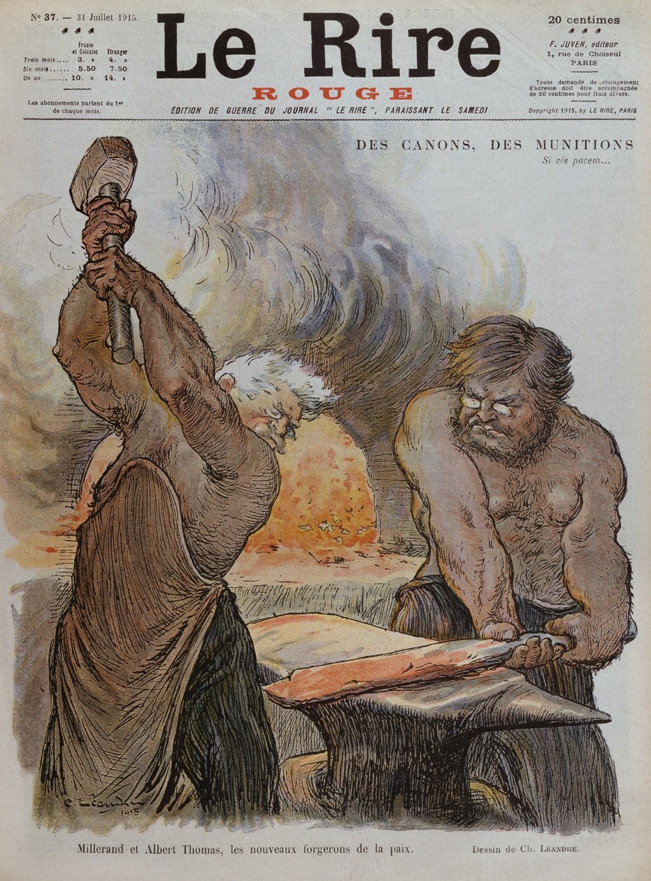 Alexandre Millerand ve Albert Thomas barışı sağlayan demirciler olarak, 'Le Rire Rouge'dan ön kapak resmi, 31 Temmuz 1915 by Charles Leandre