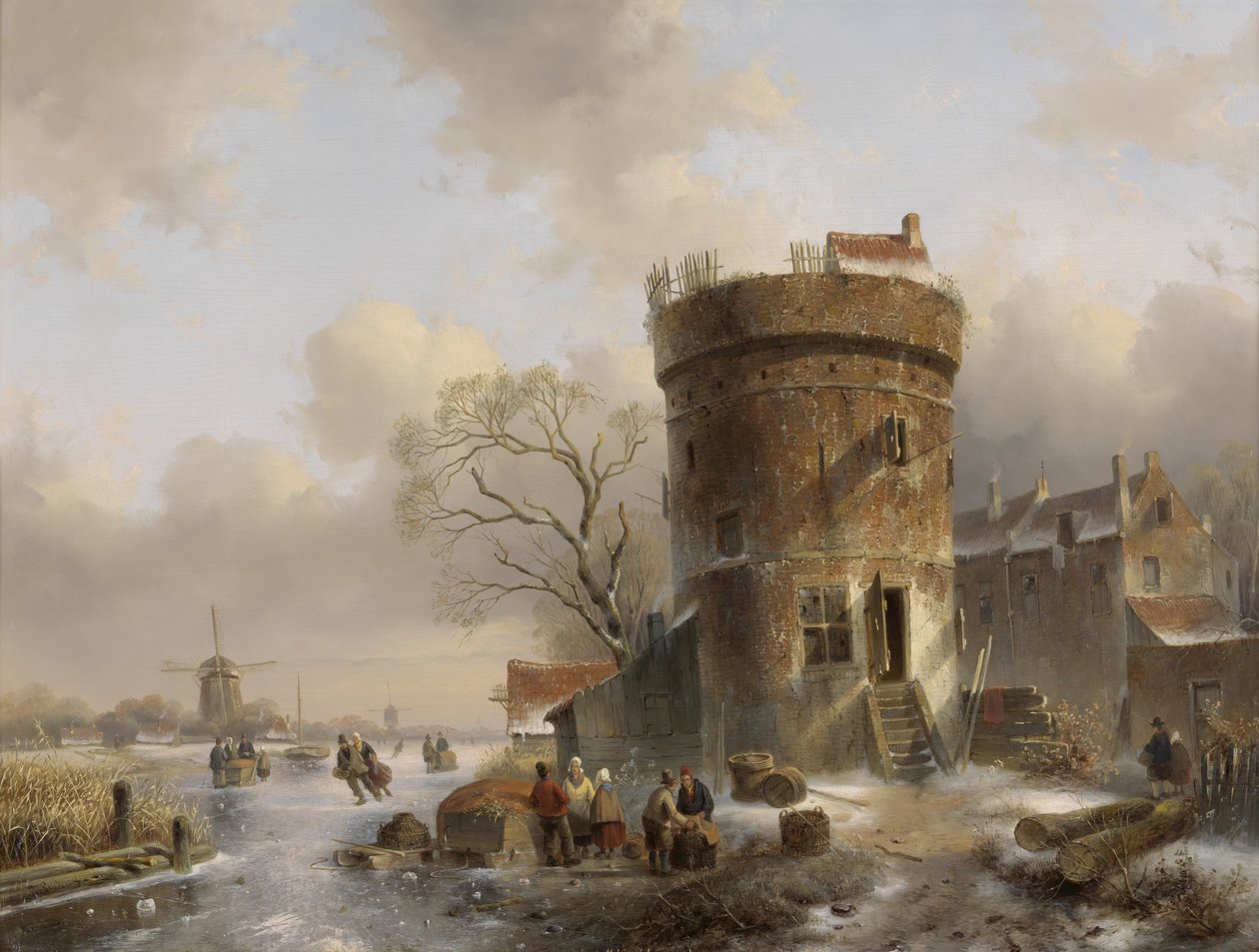 Bir kulenin yanında donmuş bir nehirde figürlerle kış manzarası by Charles Henri Joseph Leickert